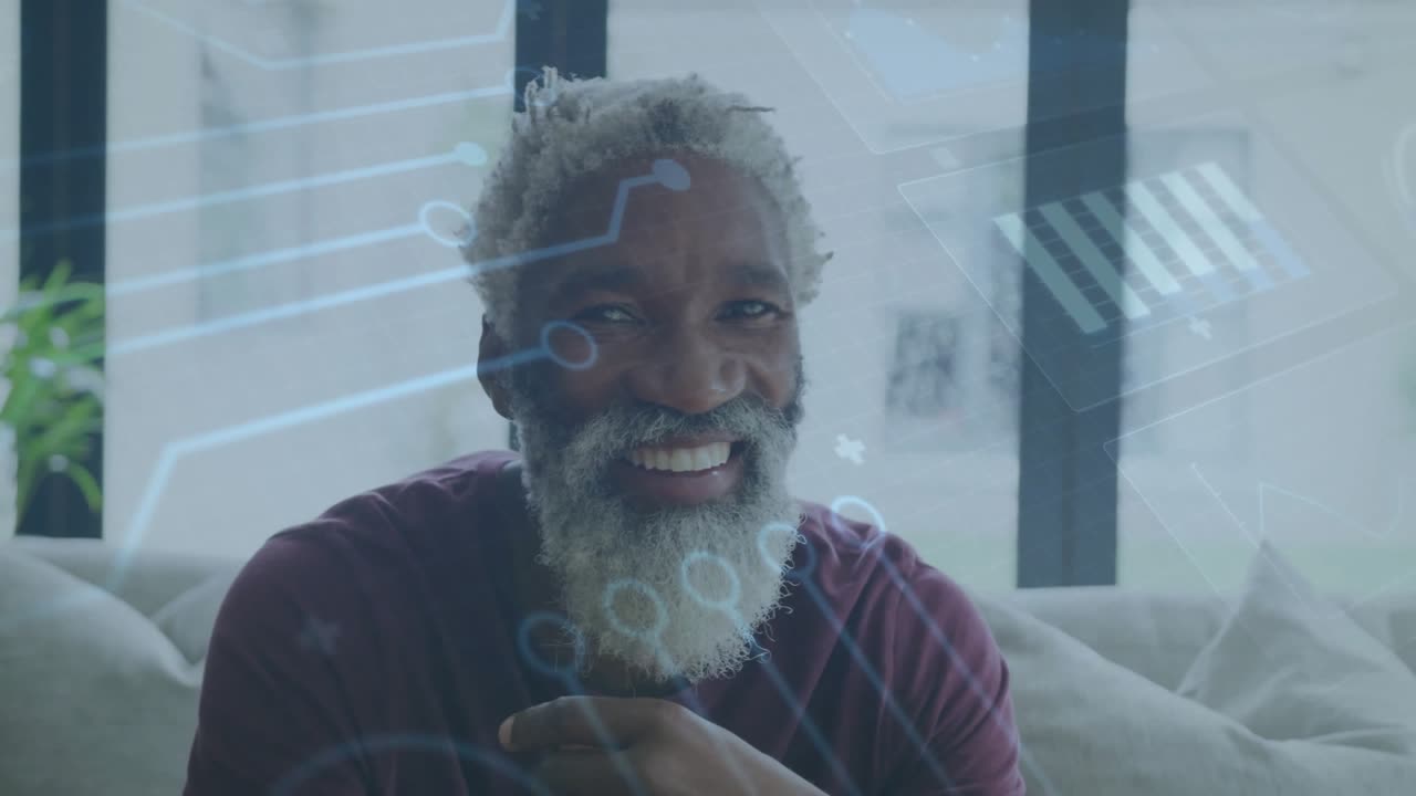 Man sitting on sofa, gazing out window, starting tech holographic overlay, shifting head, smiling