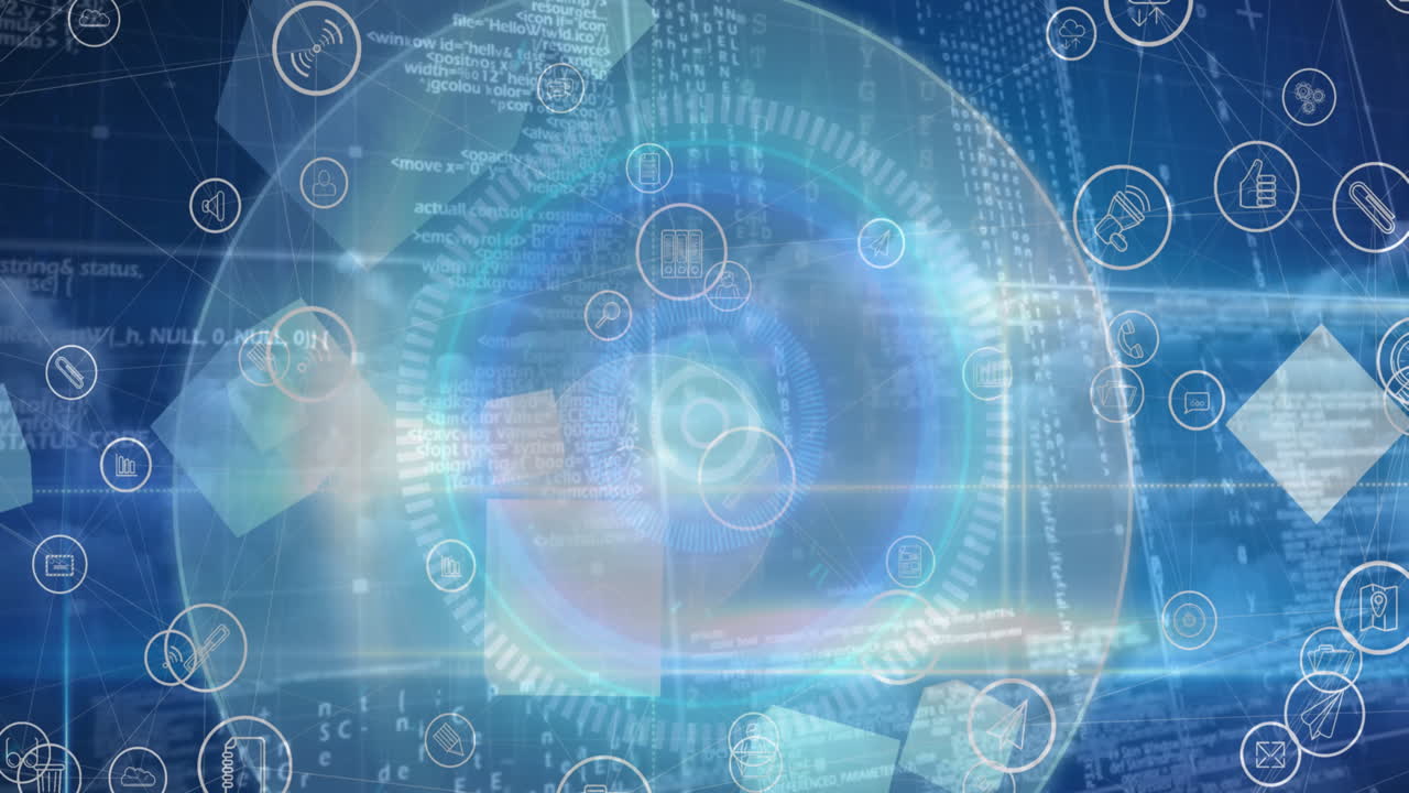 파란색 배경에 네온 둥근 스캐너에 대한 여러 디지털 아이콘의 디지털 애니메이션