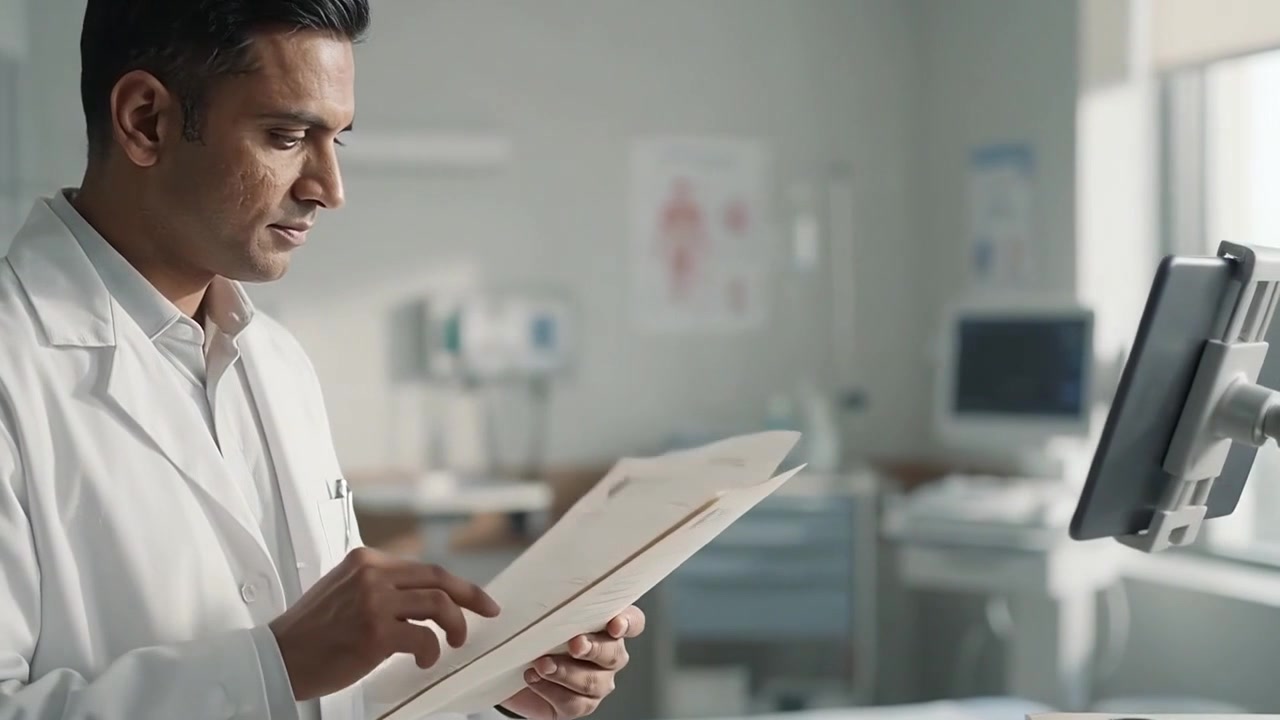 Male Doctor Reviewing Medical Records in Hospital Room