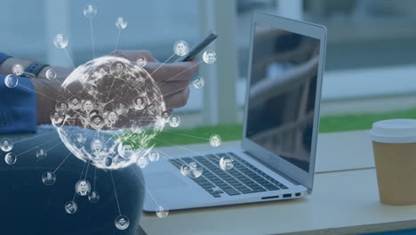Animation of globe with connections over caucasian man using smartphone