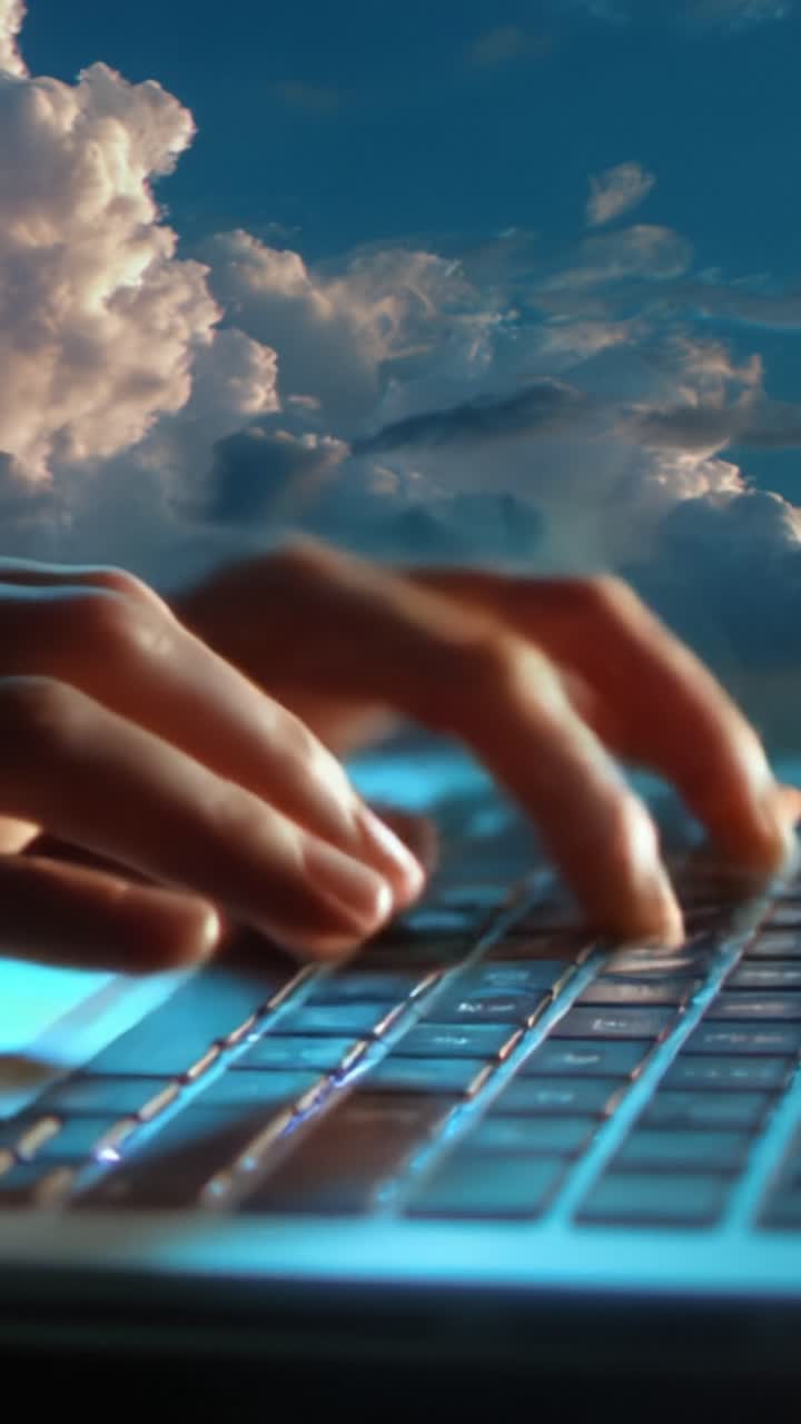Una vista ravvicinata di mani che digitano su una tastiera di laptop con uno sfondo di nuvole meravigliose, illustrando l'intersezione tra tecnologia e creatività nell'era digitale.