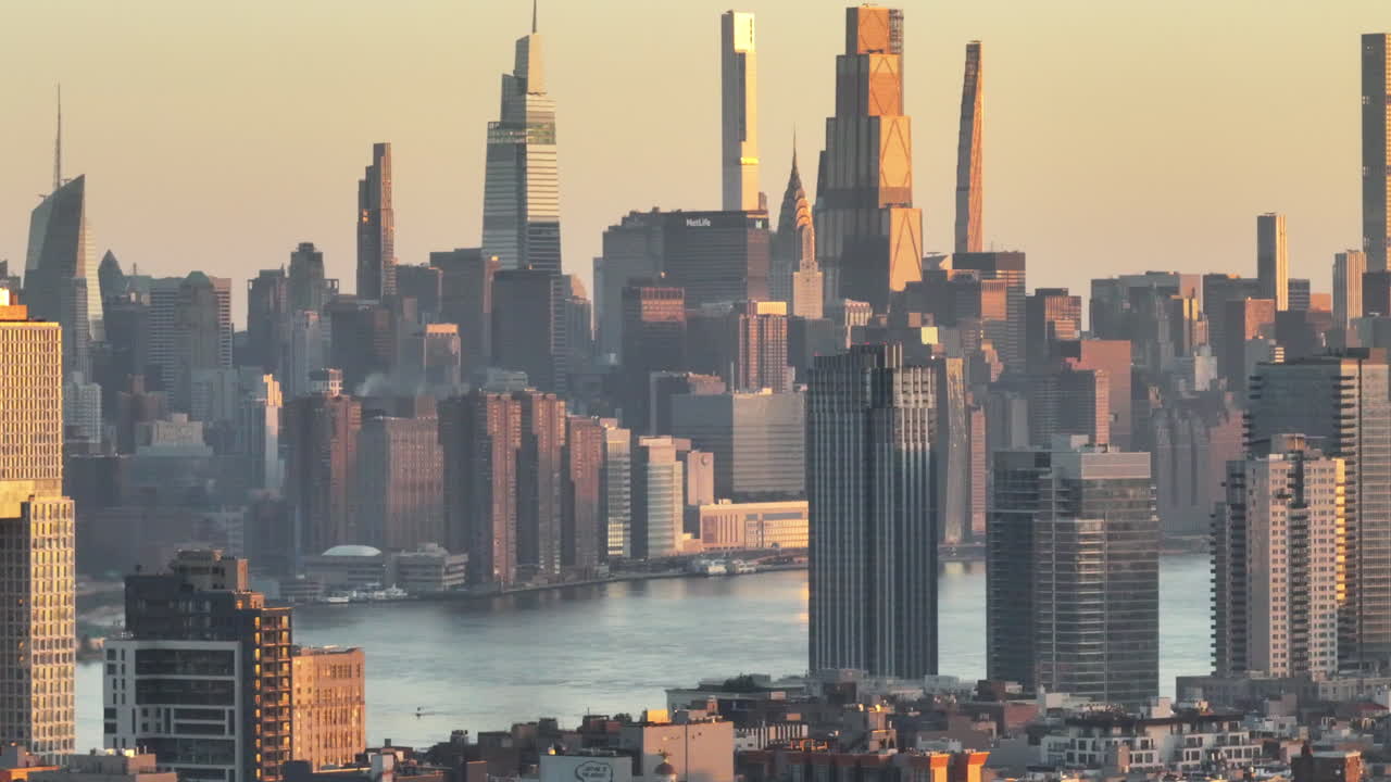 Aerial view of Midtown Manhattan at sunrise. Shot in Brooklyn