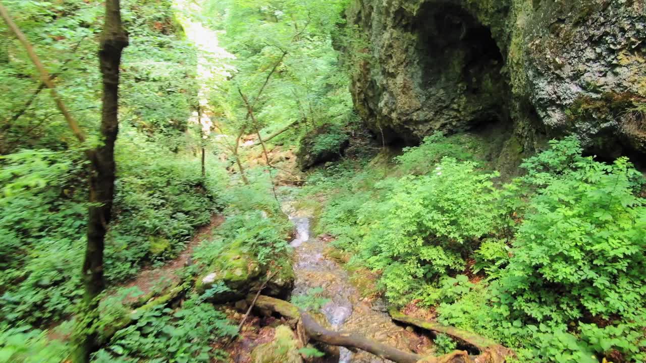 Aerial Through Hudicev Graben Gorge In Slovenia Passing Rock Face On Left
