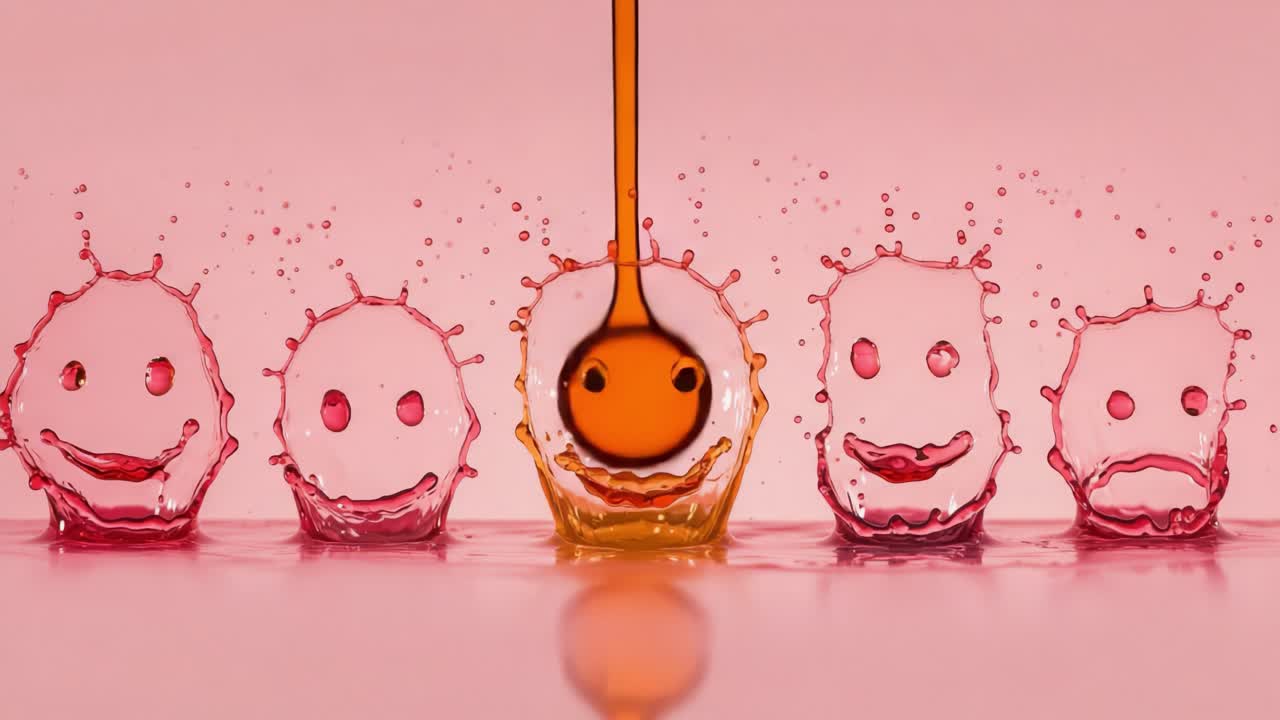 Joyful Water Droplets Captured in Action: A Dynamic Display of Colorful Liquid Faces with Smiling Expressions Surrounded by Splashes, Showcasing Playful Emotions