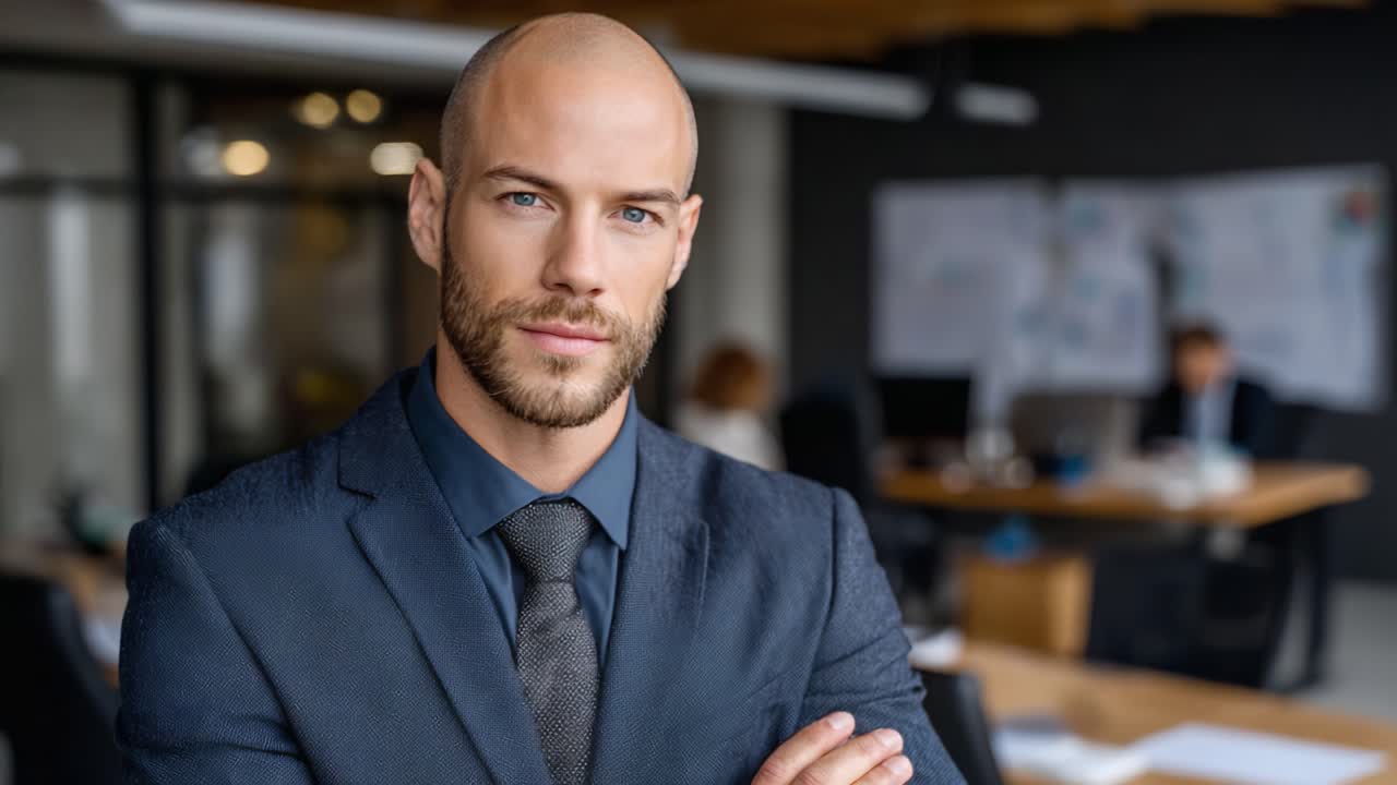 Confident Business Professional in Suit Exuding Leadership Qualities in Modern Office Setting with Colleagues Working in Background