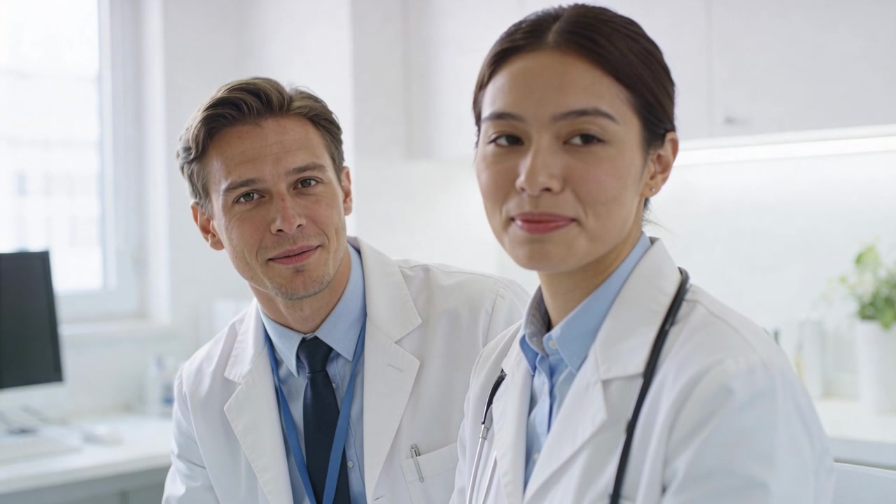 Smiling MD eliciting female closing eyes and turning head during consult, white coat, stethoscope