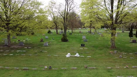 cemetery graveyard burial site wide shot green foliage trees grave site grave stones 4k