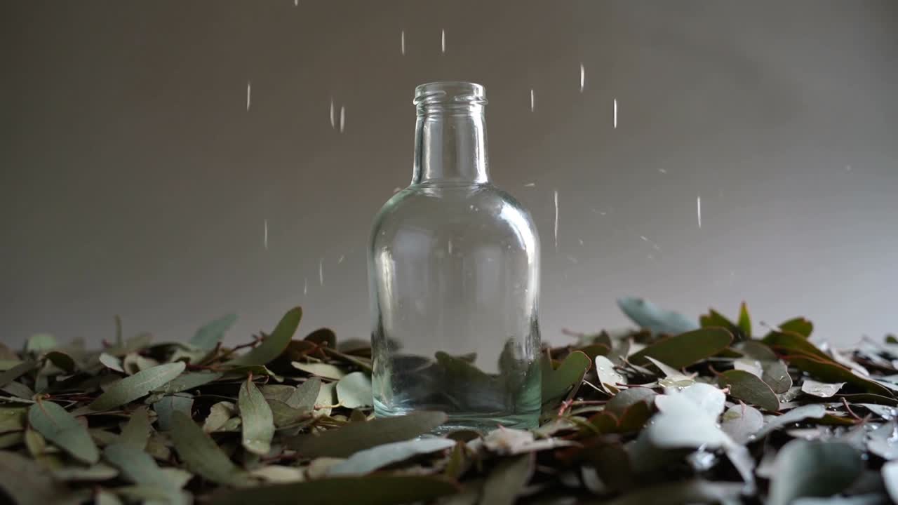 テーブルの上のガラス瓶。水が細い線を描き始め、枯葉の上に広がり、白い綿毛がある。