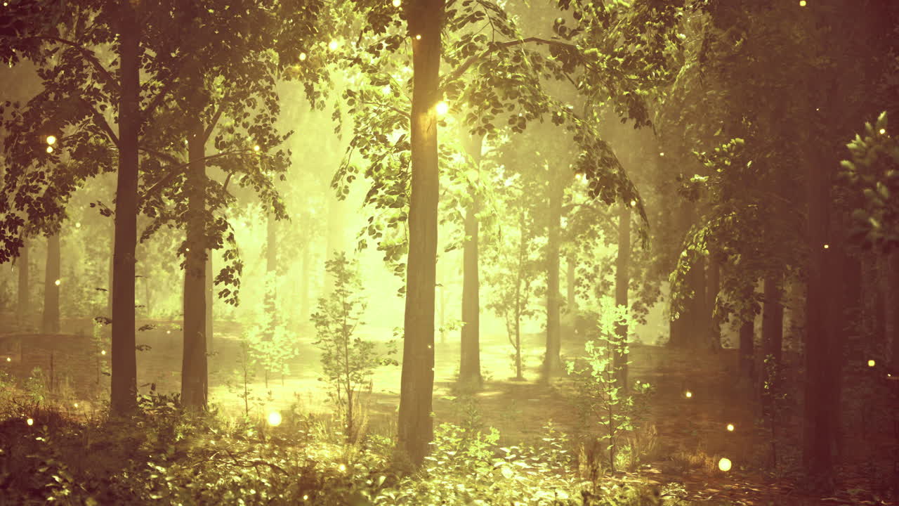 Sunlight filtering through trees in a lush forest during late afternoon