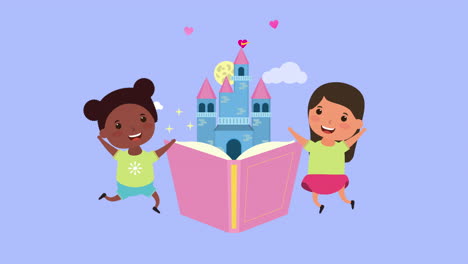 little interracial girls with fairytale book and castle