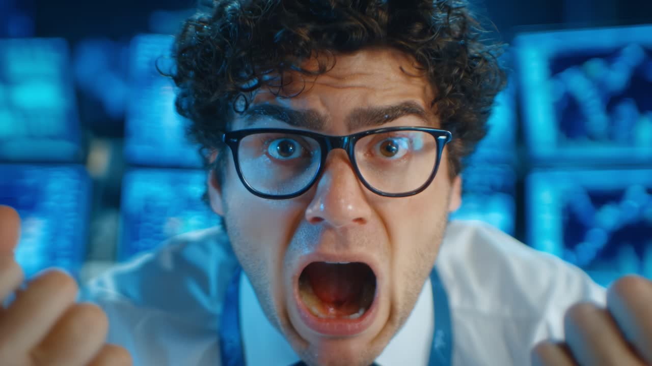 Intense Emotion Captured: A Young Professional Displaying Anger and Determination in a High-Stakes Financial Environment with Data Screens in the Background