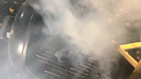 thick smoke comes from the round metal mobile barbecue grill