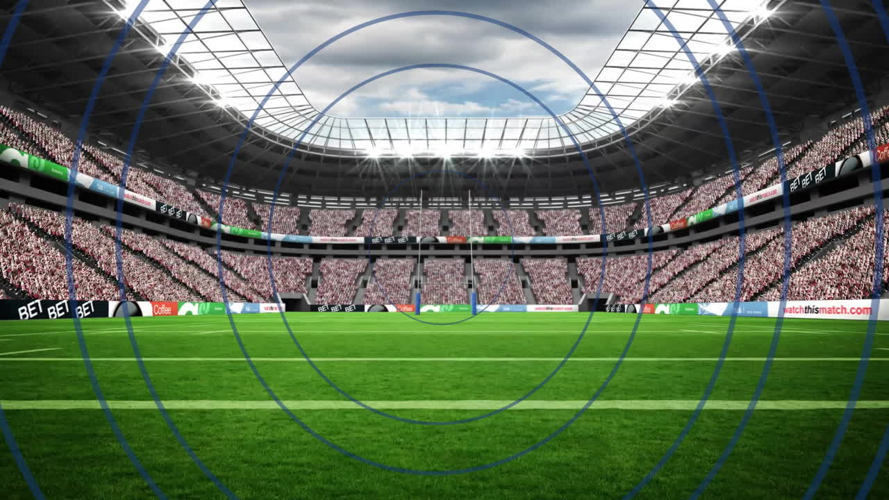 Rugby goalposts being featured at center of green pitch, showing seating tiers flat design