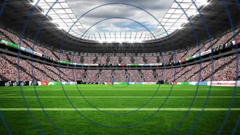 Rugby goalposts being featured at center of green pitch, showing seating tiers flat design