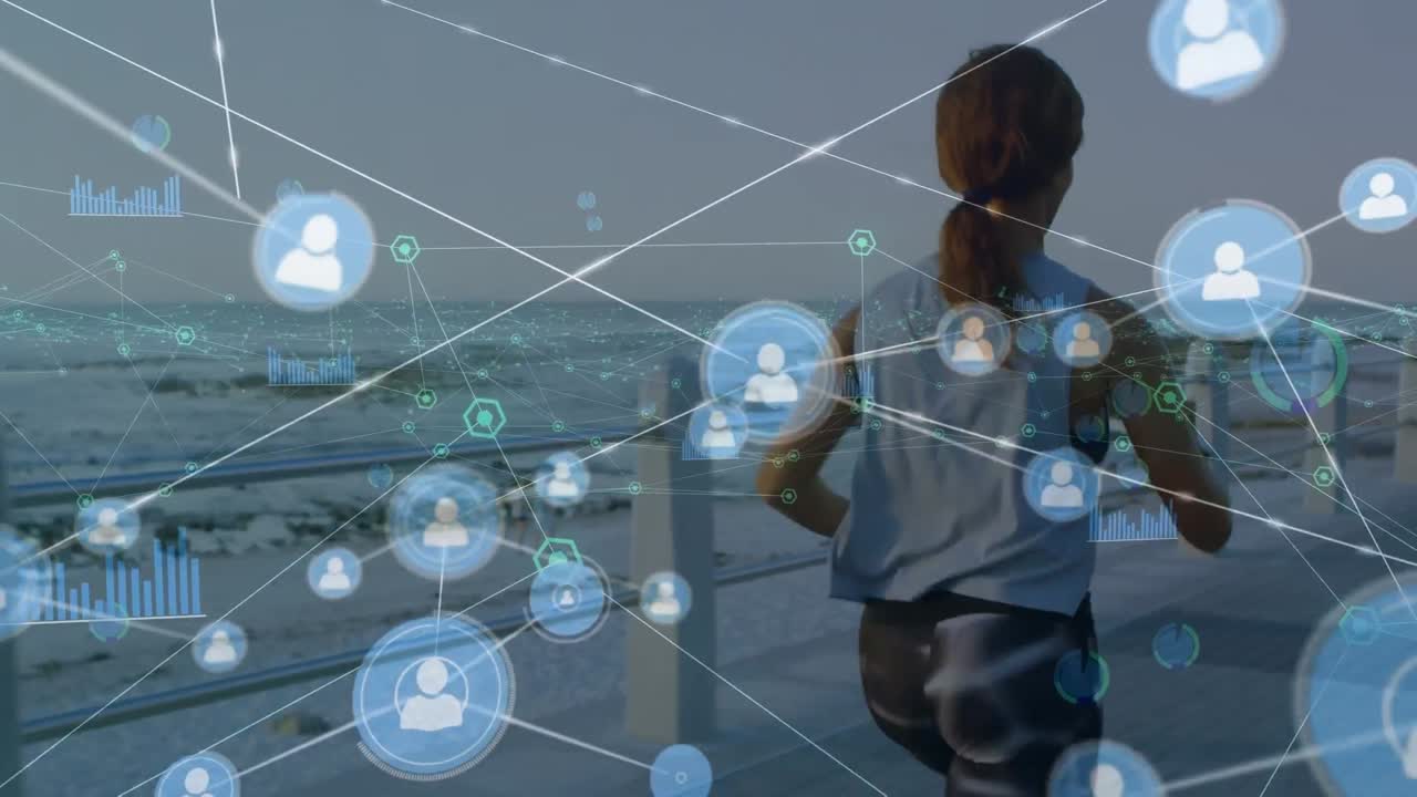 Animation of network of connections and data processing over african american woman running at beach