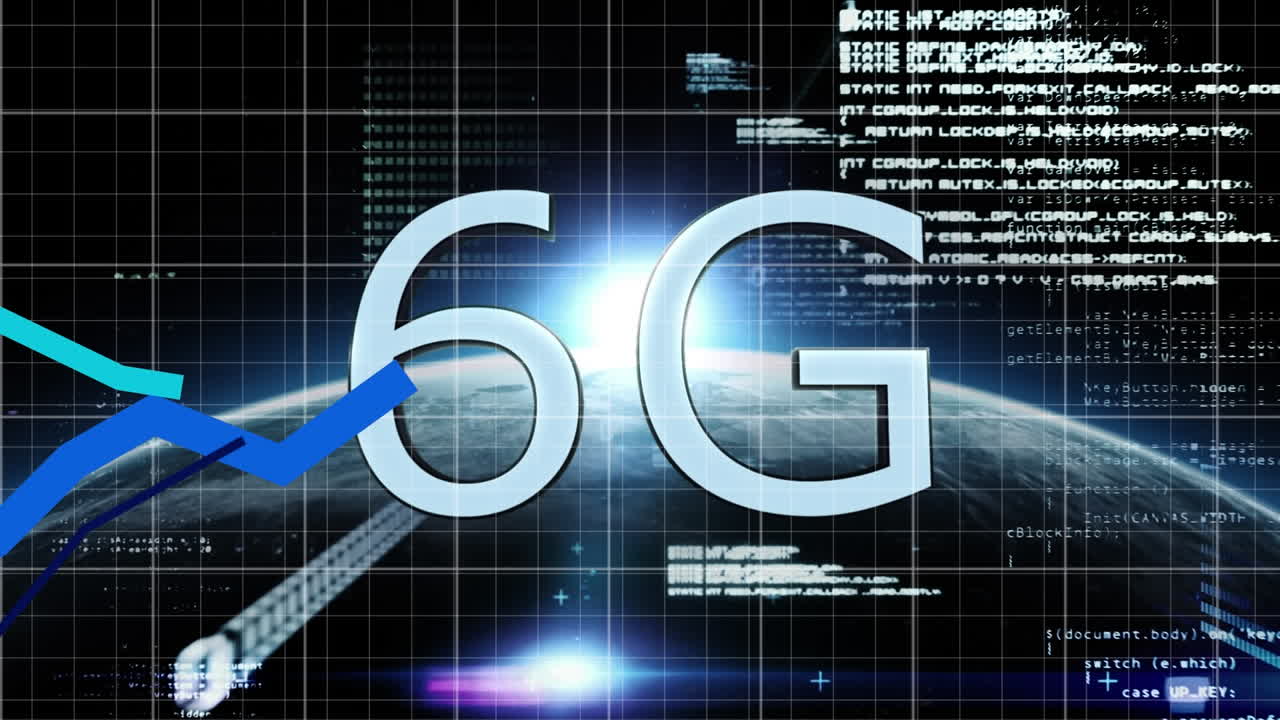 animación de gráficos que se mueven sobre texto 6g y procesamiento de datos sobre globo y punto de luz.