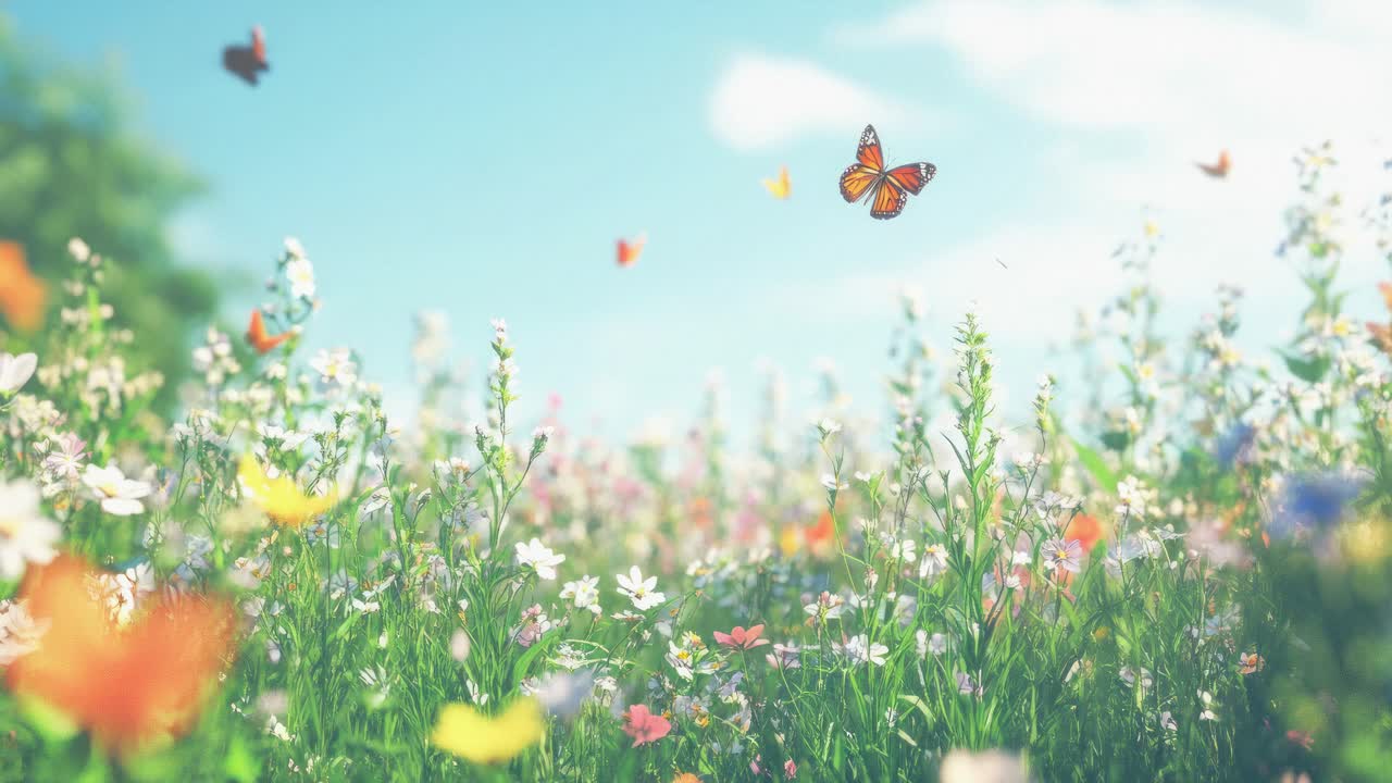 Um vídeo em ângulo baixo captura um prado vibrante com borboletas voando entre flores silvestres coloridas