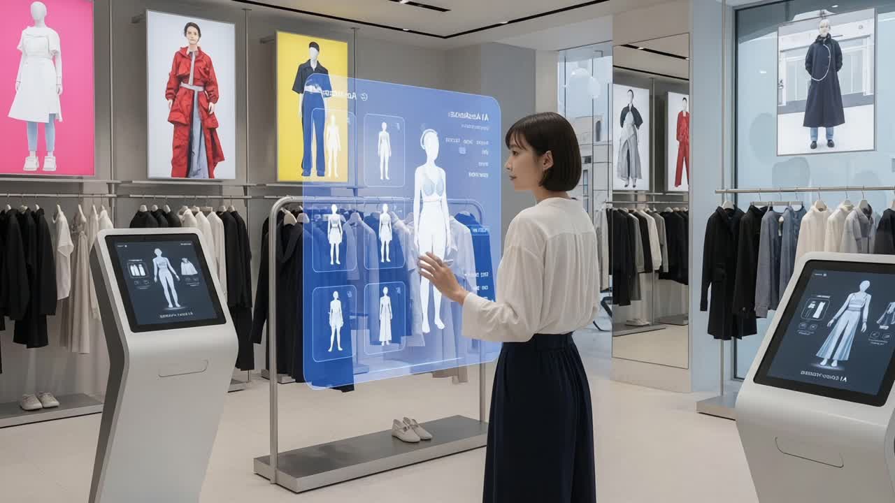 A Modern Shopping Experience Featuring Interactive Technology and Fashion Displays in a Stylish Retail Environment