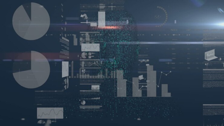 Animation of financial data processing over dark background