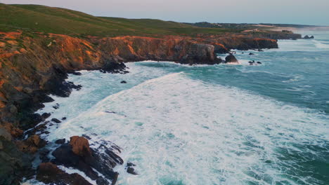 stormy marine waves crashing cliffs morning seascape slow motion. sea splashing