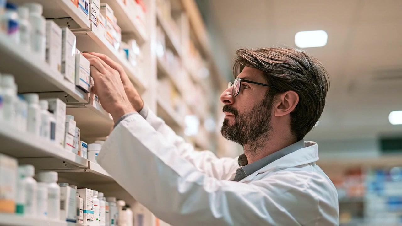 Laboratory researcher examining equipment and samples on organized shelves
