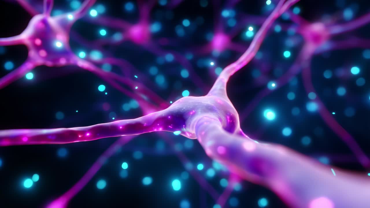 A Stunning Visualization of Neurons: Captivating Close-up of Colorful Neural Connections Intertwined with Glowing Particles, Showcasing the Intricacies of the Nervous System in a Dynamic Biological Network