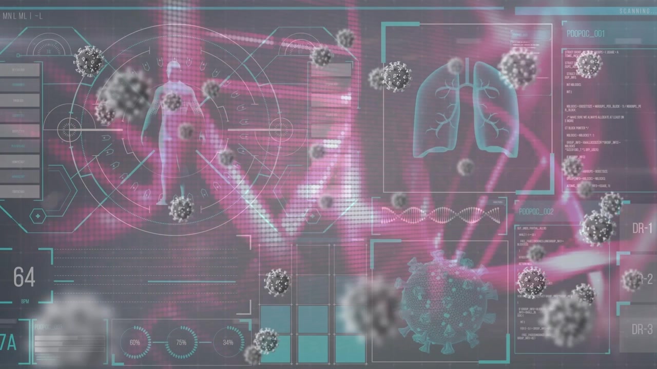 Animation of covid 19 cells and data processing over dna strands spinning
