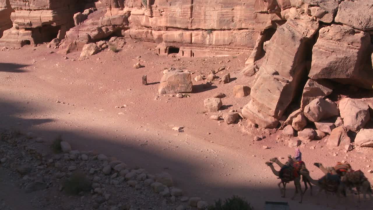 la gente monta burros y camellos cerca del antiguo anfiteatro en las antiguas ruinas nabateas de petra jordania
