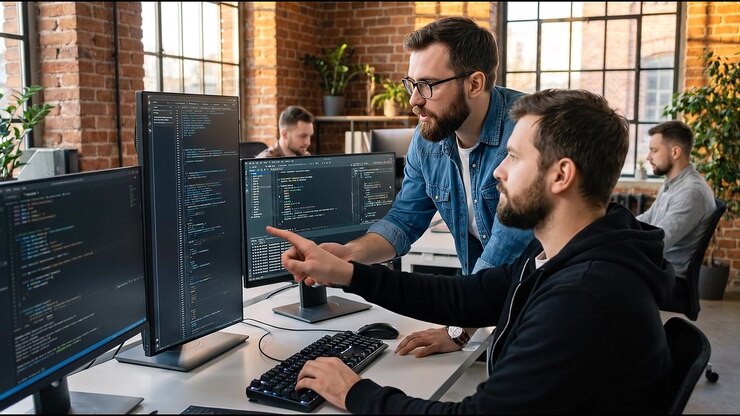 Two Male Software Developers Collaborating on Code in Modern Office