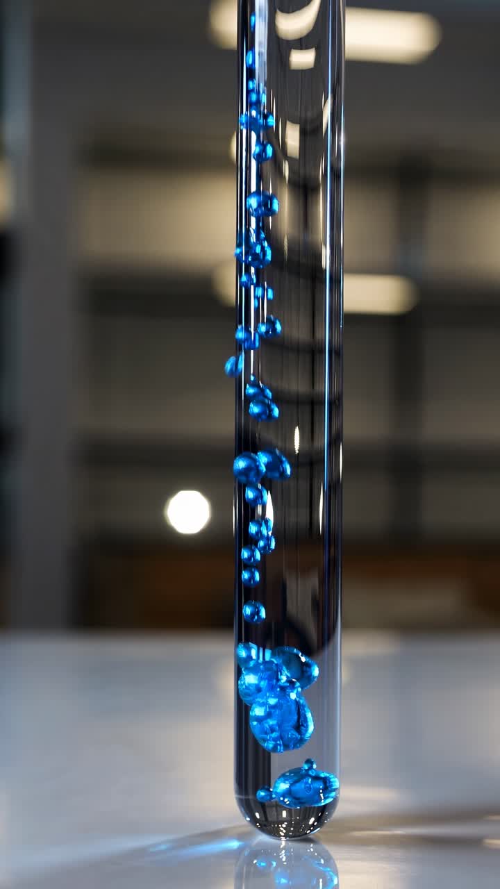 Ripresa video ravvicinata di una provetta con liquido blu e bolle, catturata da un'angolazione bassa
