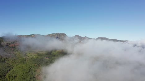 Misty-landscape-in-green-forest-mountain-range-on-sunny-day,-aerial