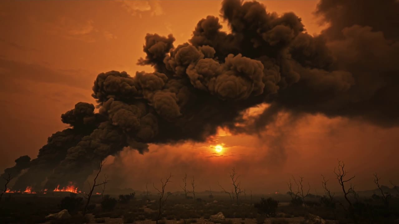 Incendio boschivo che brucia lungo l'orizzonte, emettendo una densa colonna di fumo, il sole si affievolisce attraverso la foschia.