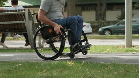 man with disabilities in wheelchair walk at the park alley