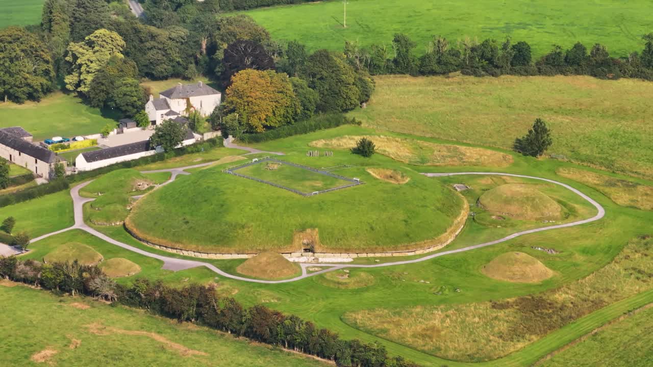 Irish heritage site of Knowth megalithic passage tomb from Neolith, prehistoric Ireland. Drone