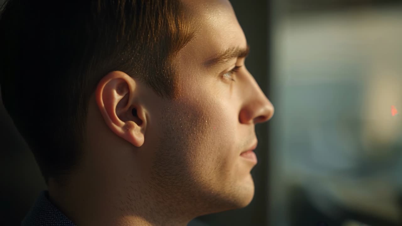 La luce del sole fa chiudere gli occhi a un uomo in camicia con colletto, che li apre e guarda fuori dalla finestra.