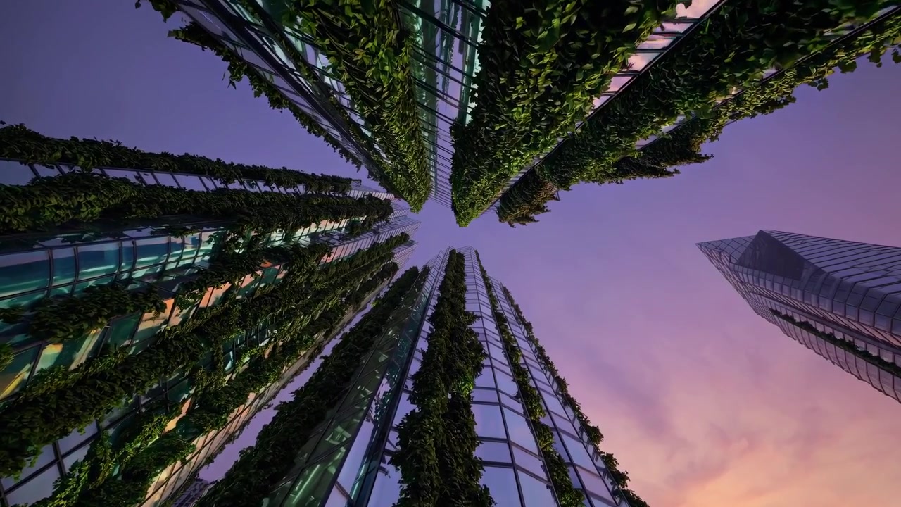 Vista de baixo ângulo de arranha-céus modernos cobertos por jardins verticais ao pôr do sol