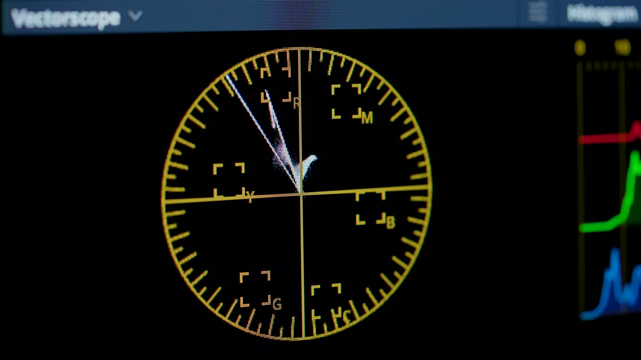 컴퓨터에서 비디오를 편집합니다. 컬러 신호를 시각화하기 위한 원형 디스플레이. 클로즈업