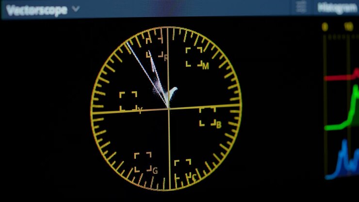 Editing video on a computer. Circular display for visualizing color signals. Close up