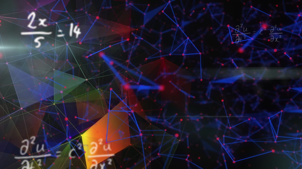 Mathematical equations floating against plexus networks on black background