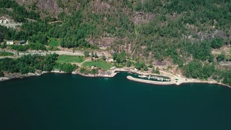 Dolly-drone-shot-of-a-small-harbor-in-Norway