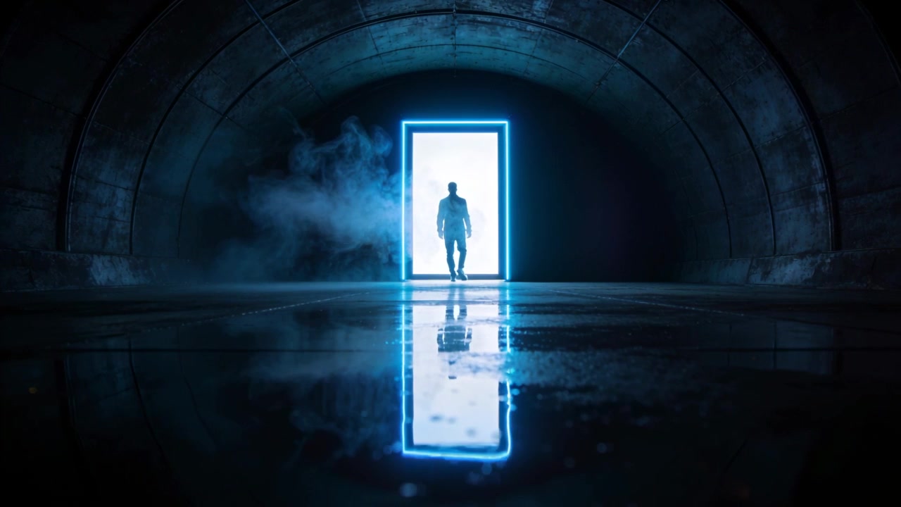 Silhuet af en gående mand krydser en neonportal ind i en tunnel, baggrundslys fremhæver ham med tågerefleksion.