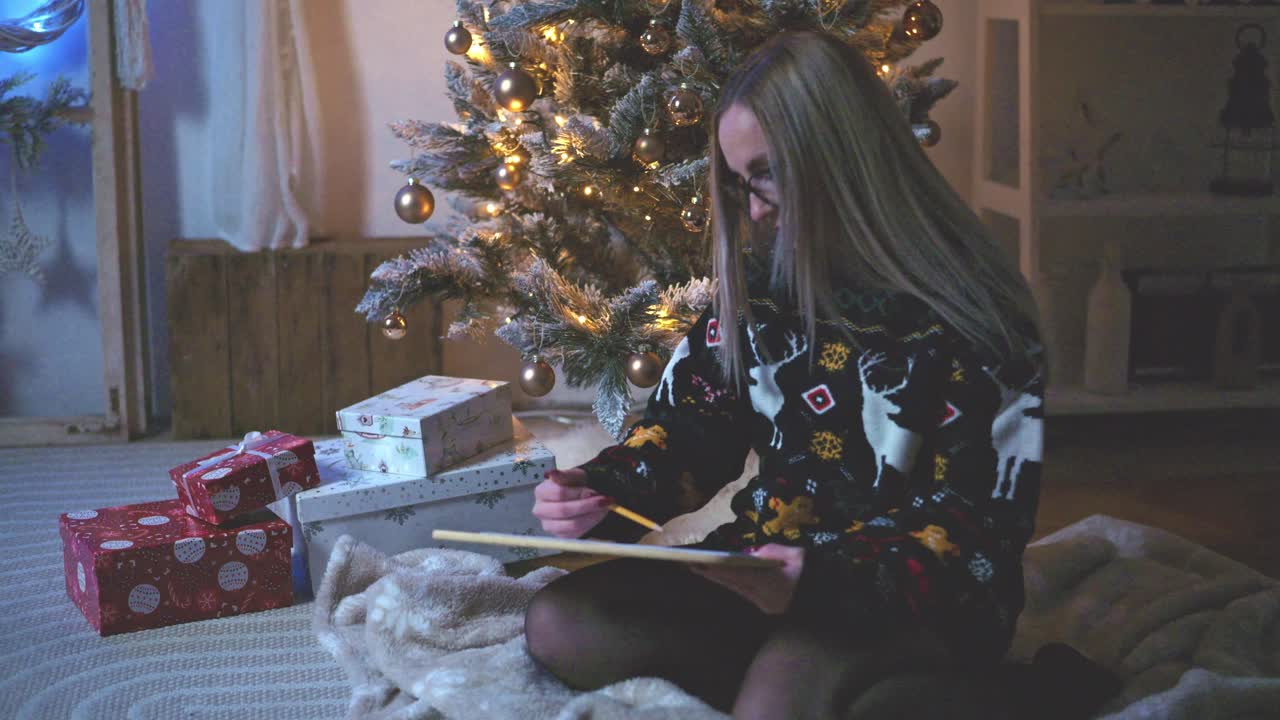 A woman in a festive sweater sits on a cozy blanket beside a decorated Christmas tree, drawing on a sheet of paper. Wrapped gifts and warm lights create a peaceful holiday atmosphere