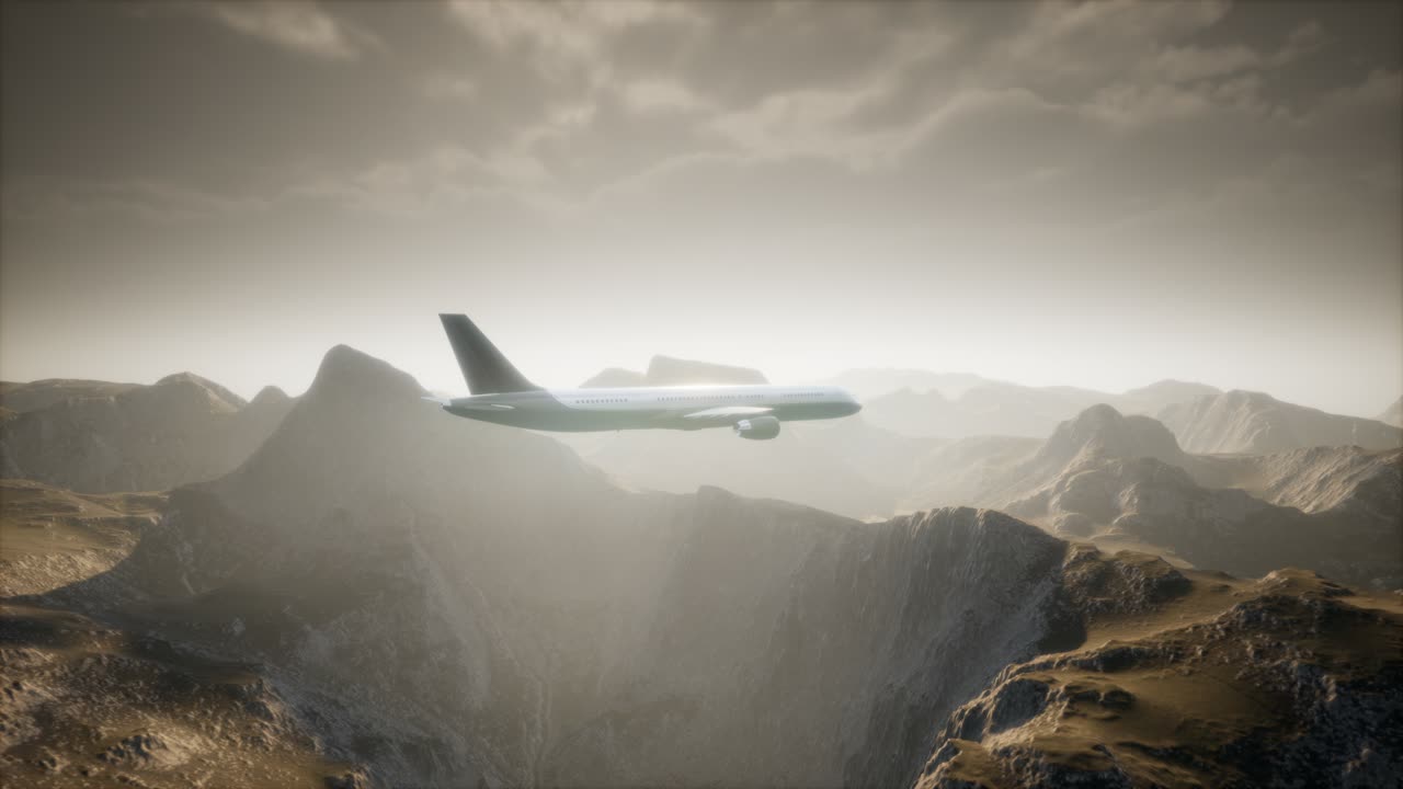 Passenger aircraft over mountain landscape