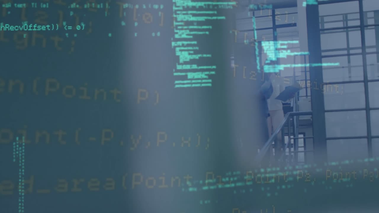 Animation of data processing over diverse business people in office