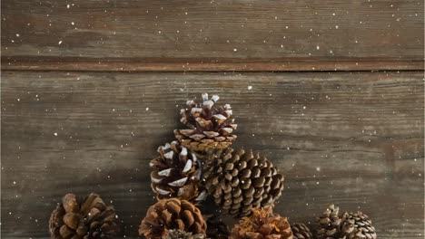 animation of snow falling over pine cones on wood board