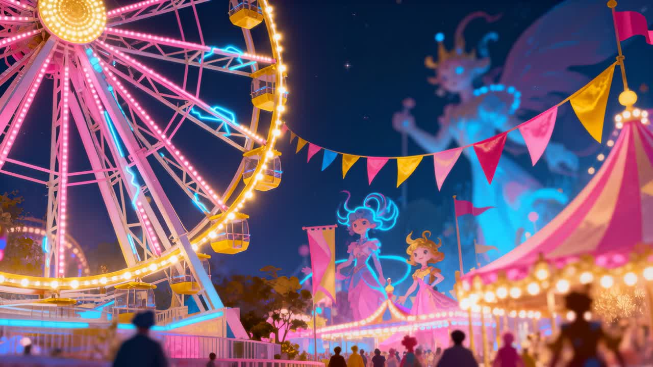 Ruota panoramica rotante che gira dopo che le luci pulsano in una fiera notturna, con tendone e bandierine, spazio per il testo.