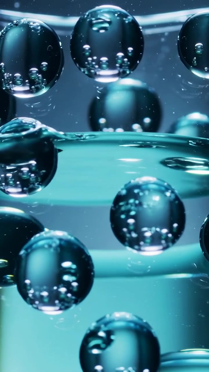 Video verticale: La spinta che fa salire bolle color verde acqua all'interno di un tubo di vetro, rivelando microbolle.