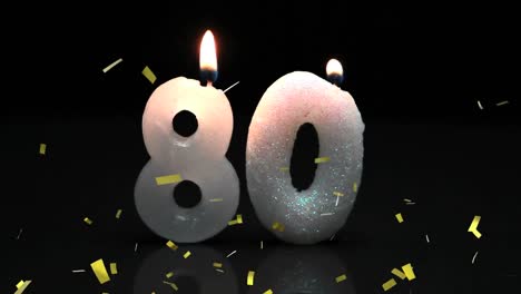 Animation-of-gold-confetti-falling-over-number-80-birthday-candles-on-black-background