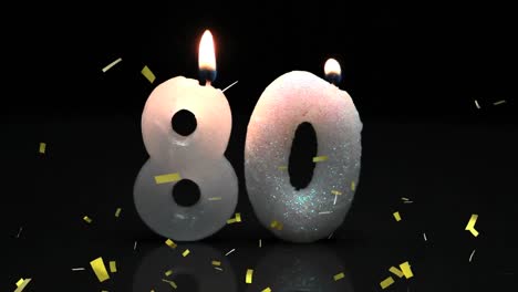 animation of gold confetti falling over number 80 birthday candles on black background