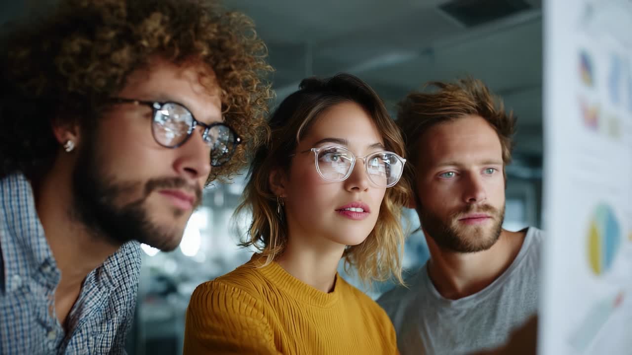 Fokuserede, unge professionelle analyserer data og diagrammer i et lyst, moderne kontormiljø, samarbejder om innovative løsninger og diskuterer kreative idéer til fremtidige projekter